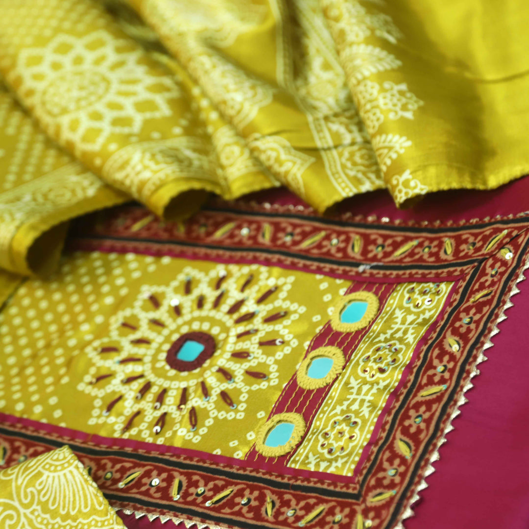 Ruhani Plum Purple Mirror Work Glazed Cotton Suit with Stole Dupatta