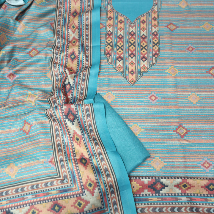 Kavina Sky Blue Digital Kullu Printed Semi Pashmina Winter Set