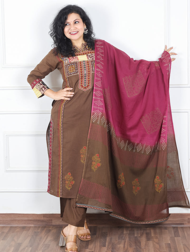 Swaroop Brown Embriodered Neck Patch Panel Cotton 3 Piece Set with Pocket