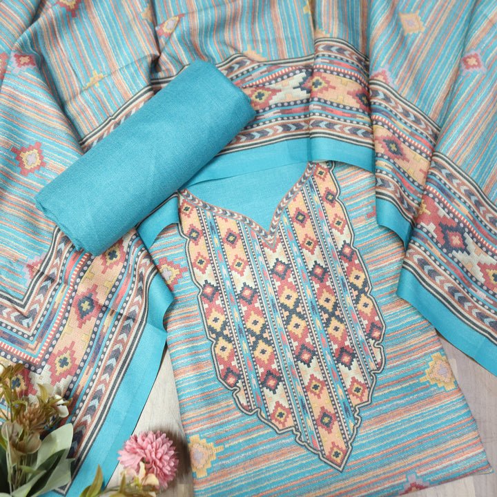 Kavina Sky Blue Digital Kullu Printed Semi Pashmina Winter Set