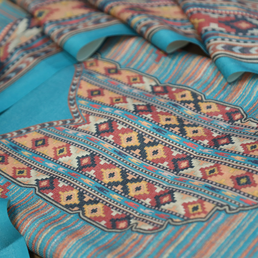 Kavina Sky Blue Digital Kullu Printed Semi Pashmina Winter Set