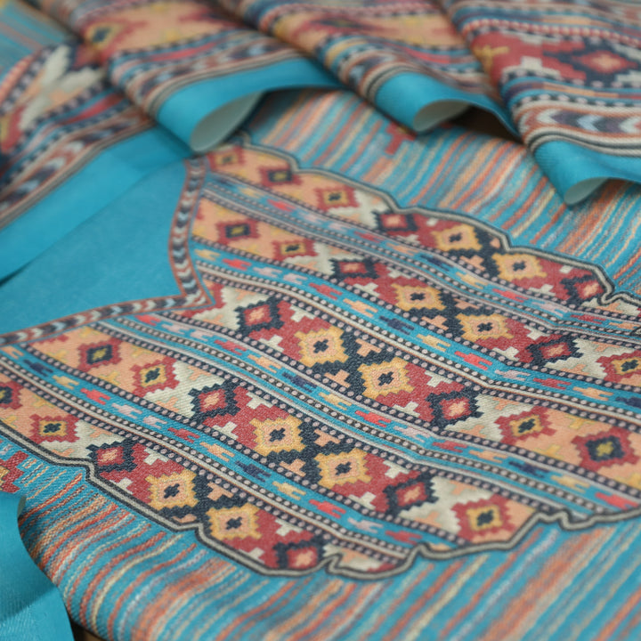 Kavina Sky Blue Digital Kullu Printed Semi Pashmina Winter Set