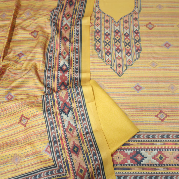 Kavina Butter Yellow Digital Kullu Printed Semi Pashmina Winter Set