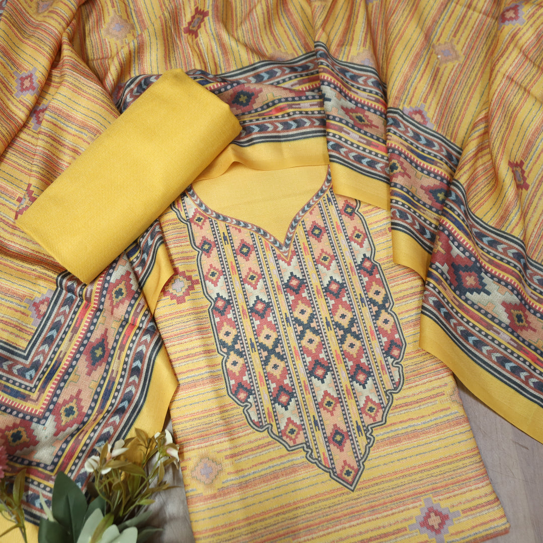 Kavina Butter Yellow Digital Kullu Printed Semi Pashmina Winter Set