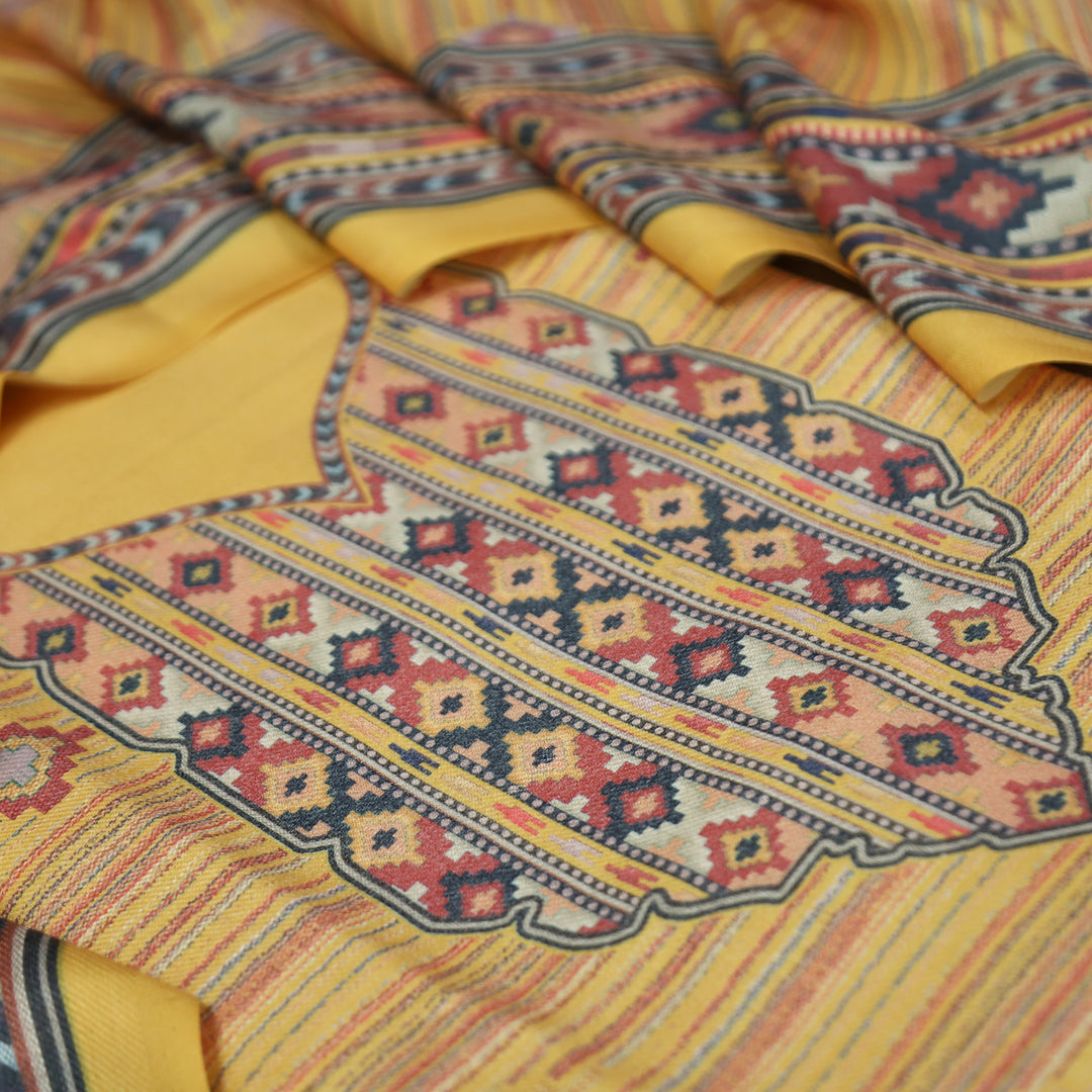 Kavina Butter Yellow Digital Kullu Printed Semi Pashmina Winter Set