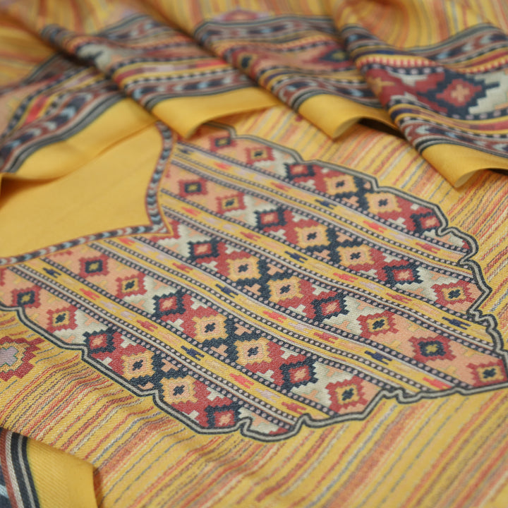 Kavina Butter Yellow Digital Kullu Printed Semi Pashmina Winter Set