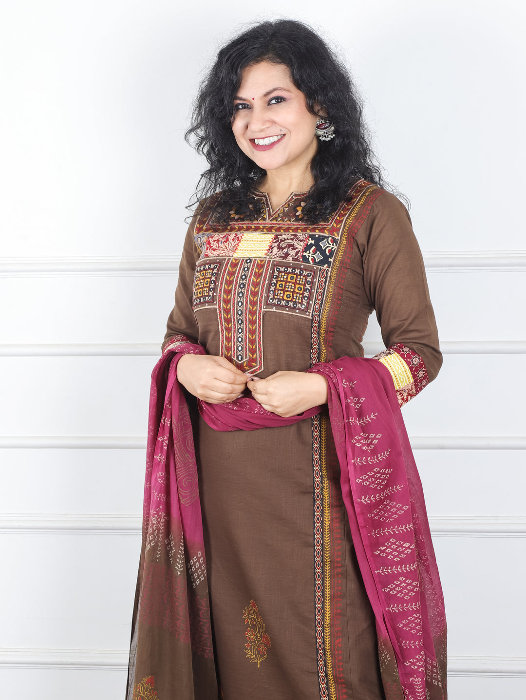 Swaroop Brown Embriodered Neck Patch Panel Cotton 3 Piece Set with Pocket