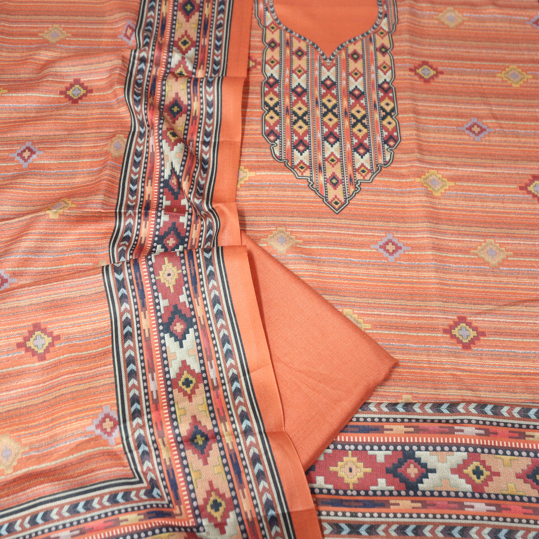 Kavina Carrot Peach Digital Kullu Printed Semi Pashmina Winter Set