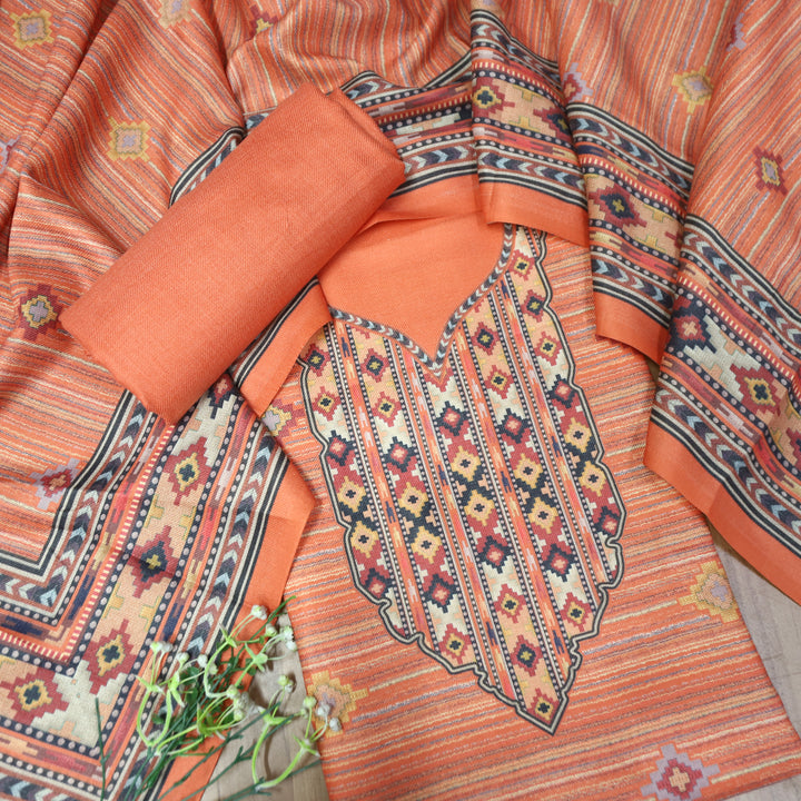 Kavina Carrot Peach Digital Kullu Printed Semi Pashmina Winter Set