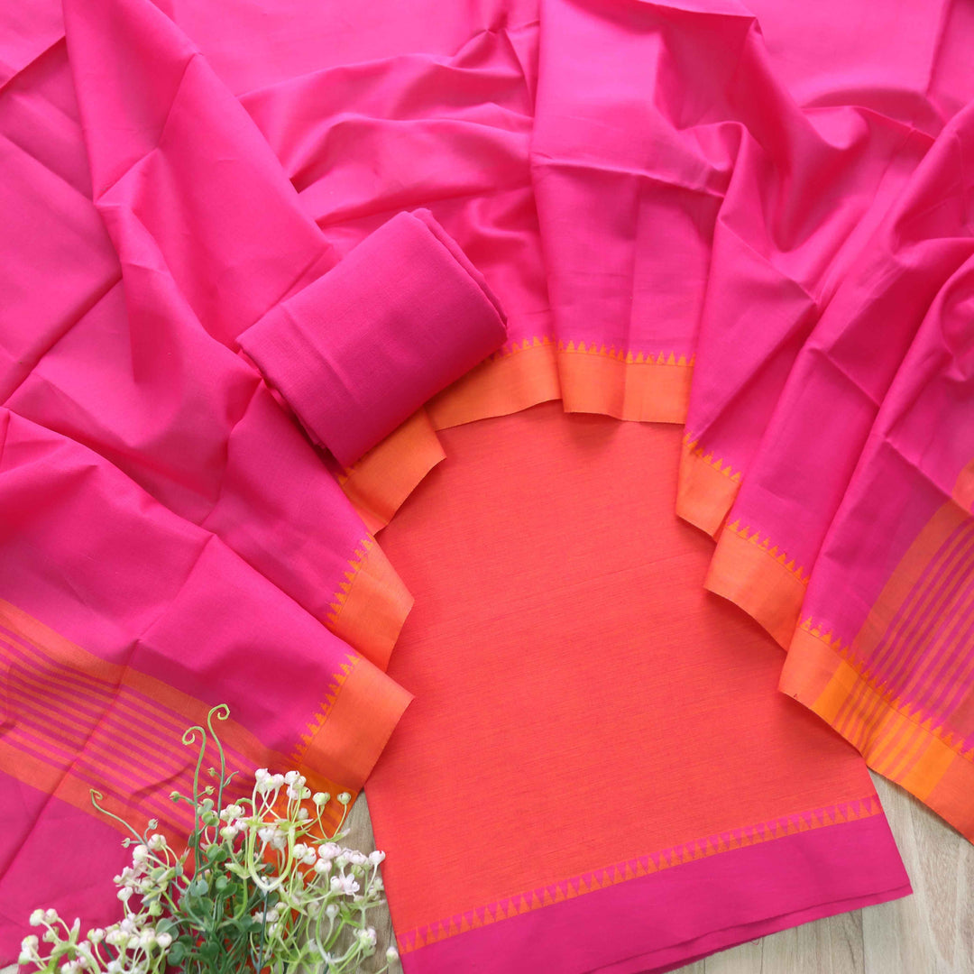 Sanskruti Orange with Magenta Purple Dupatta Temple Hem South Cotton Set