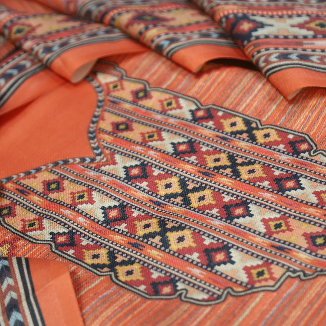Kavina Carrot Peach Digital Kullu Printed Semi Pashmina Winter Set