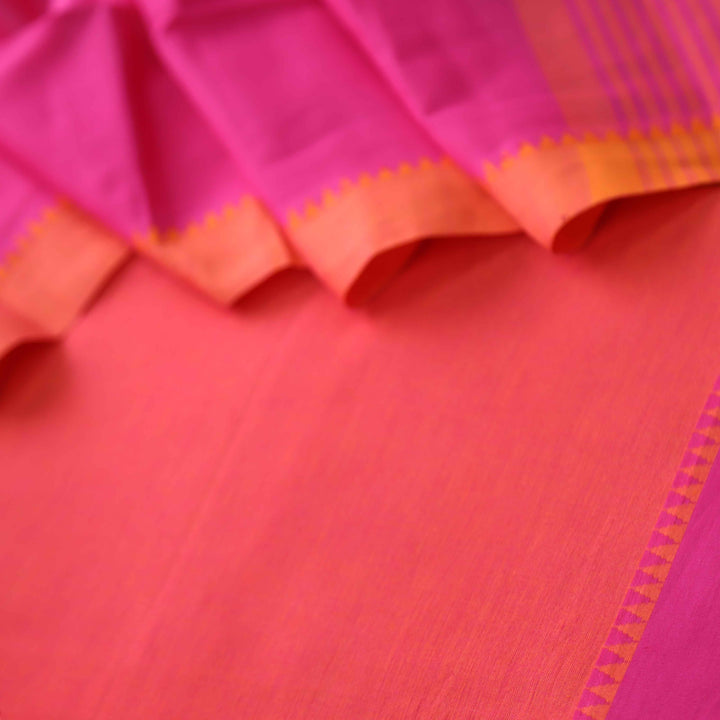 Sanskruti Orange with Magenta Purple Dupatta Temple Hem South Cotton Set