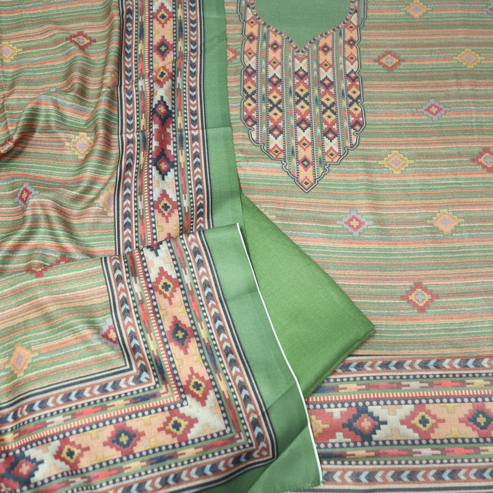 Kavina Leaf Green Digital Kullu Printed Semi Pashmina Winter Set