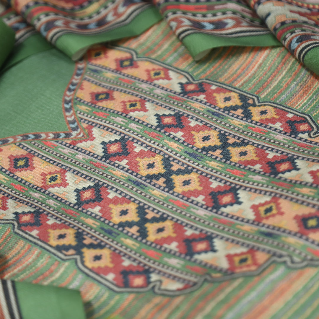 Kavina Leaf Green Digital Kullu Printed Semi Pashmina Winter Set