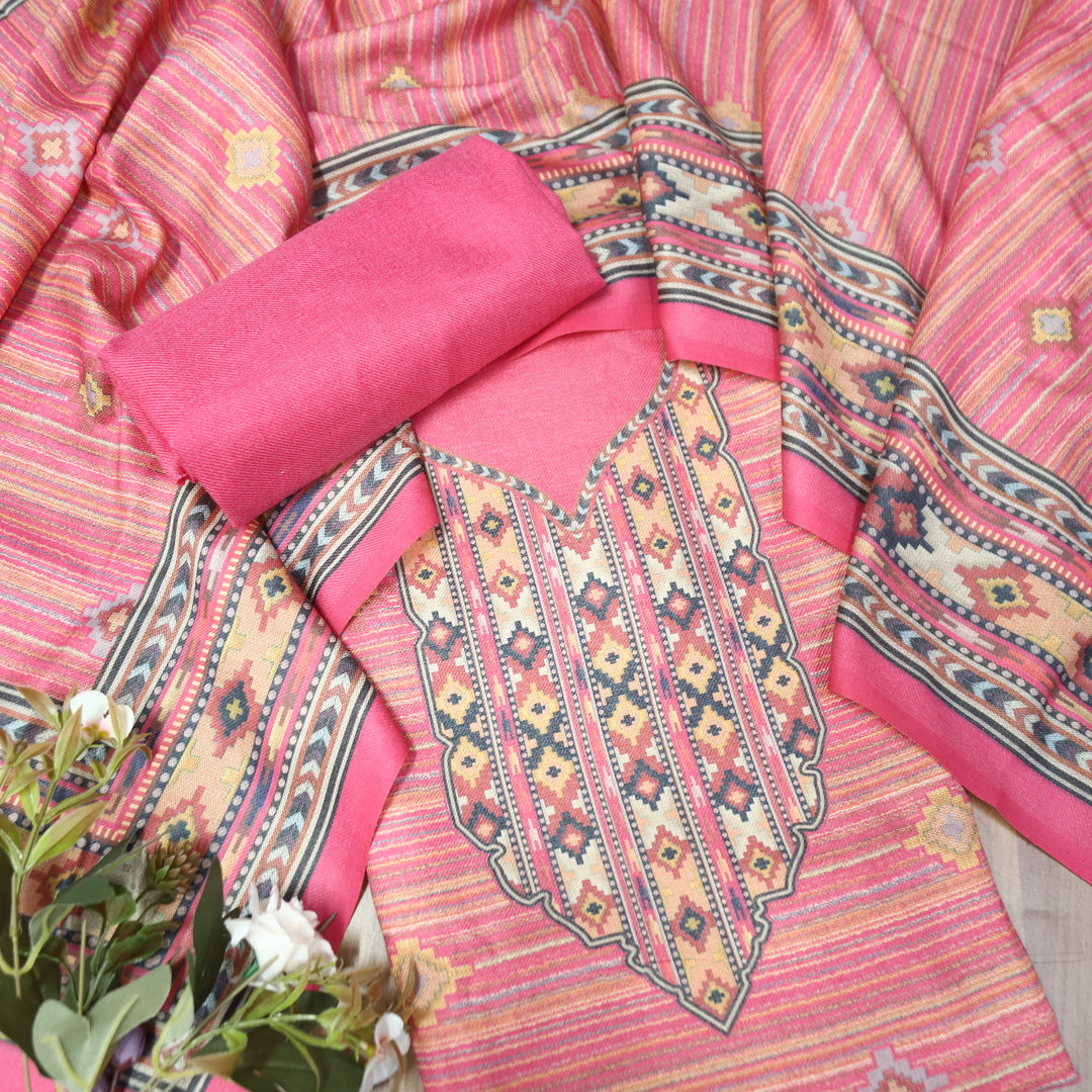 Kavina Punch Pink Digital Kullu Printed Semi Pashmina Winter Set