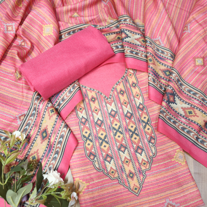 Kavina Punch Pink Digital Kullu Printed Semi Pashmina Winter Set