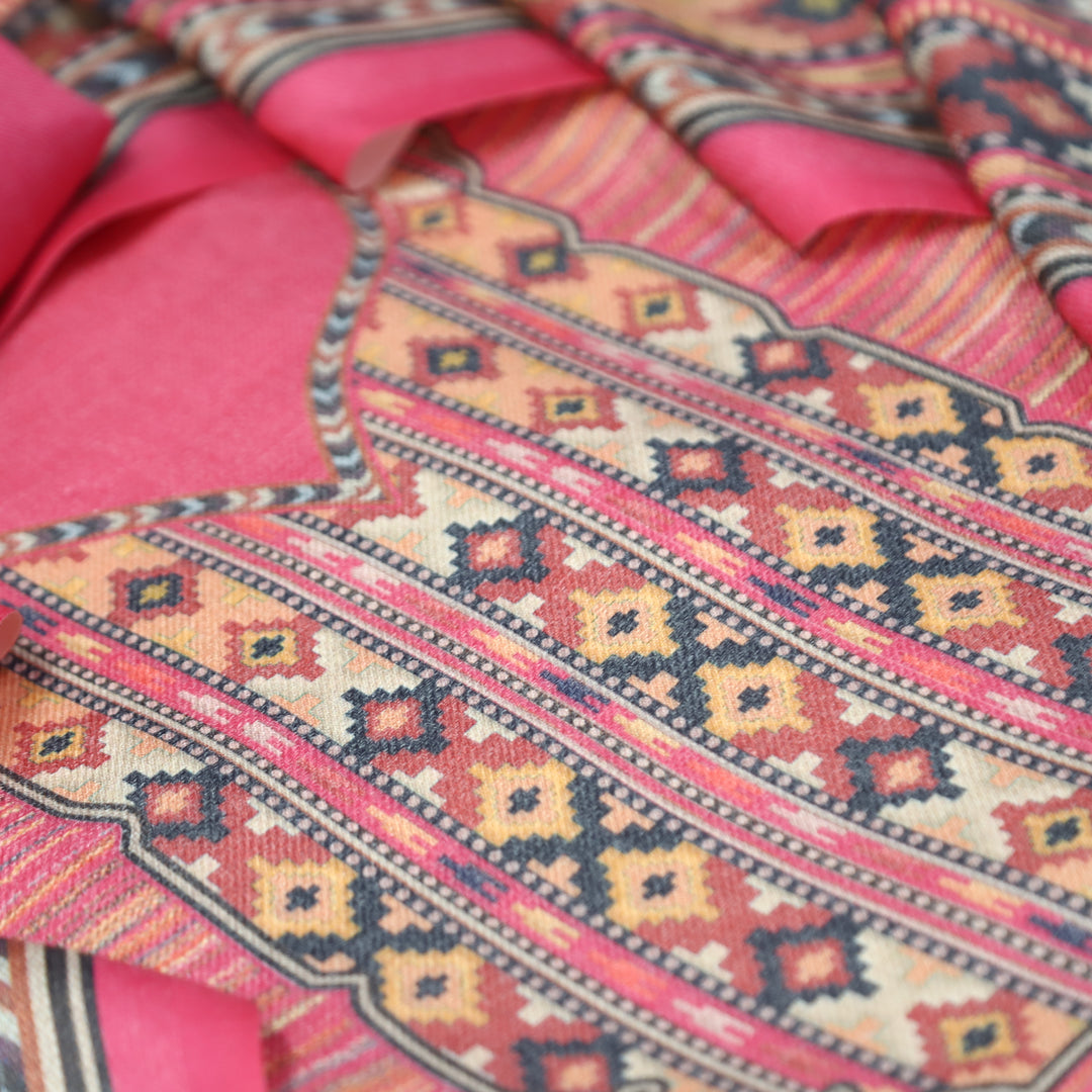 Kavina Punch Pink Digital Kullu Printed Semi Pashmina Winter Set