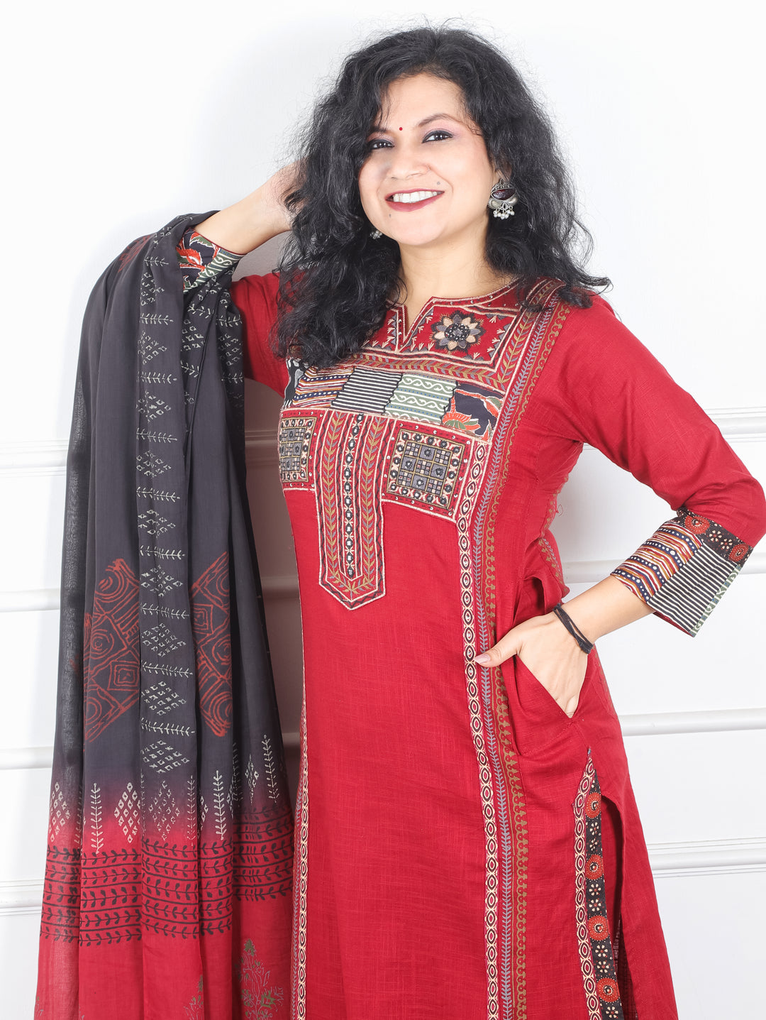 Swaroop Red Embriodered Neck Patch Panel Cotton 3 Piece Set with Pocket