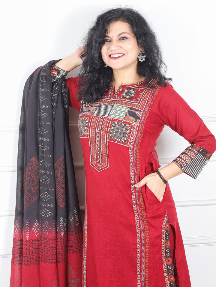 Swaroop Red Embriodered Neck Patch Panel Cotton 3 Piece Set with Pocket