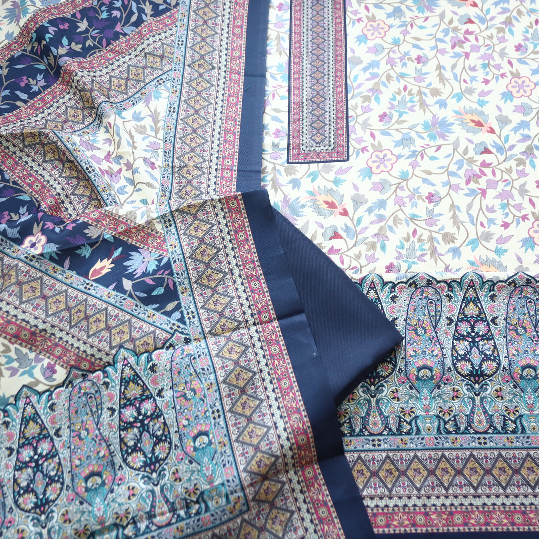 Swaroop White with Blue Kashmiri Printed Semi Pashmin Winter Set