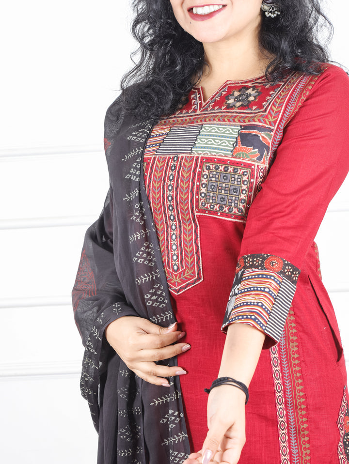 Swaroop Red Embriodered Neck Patch Panel Cotton 3 Piece Set with Pocket