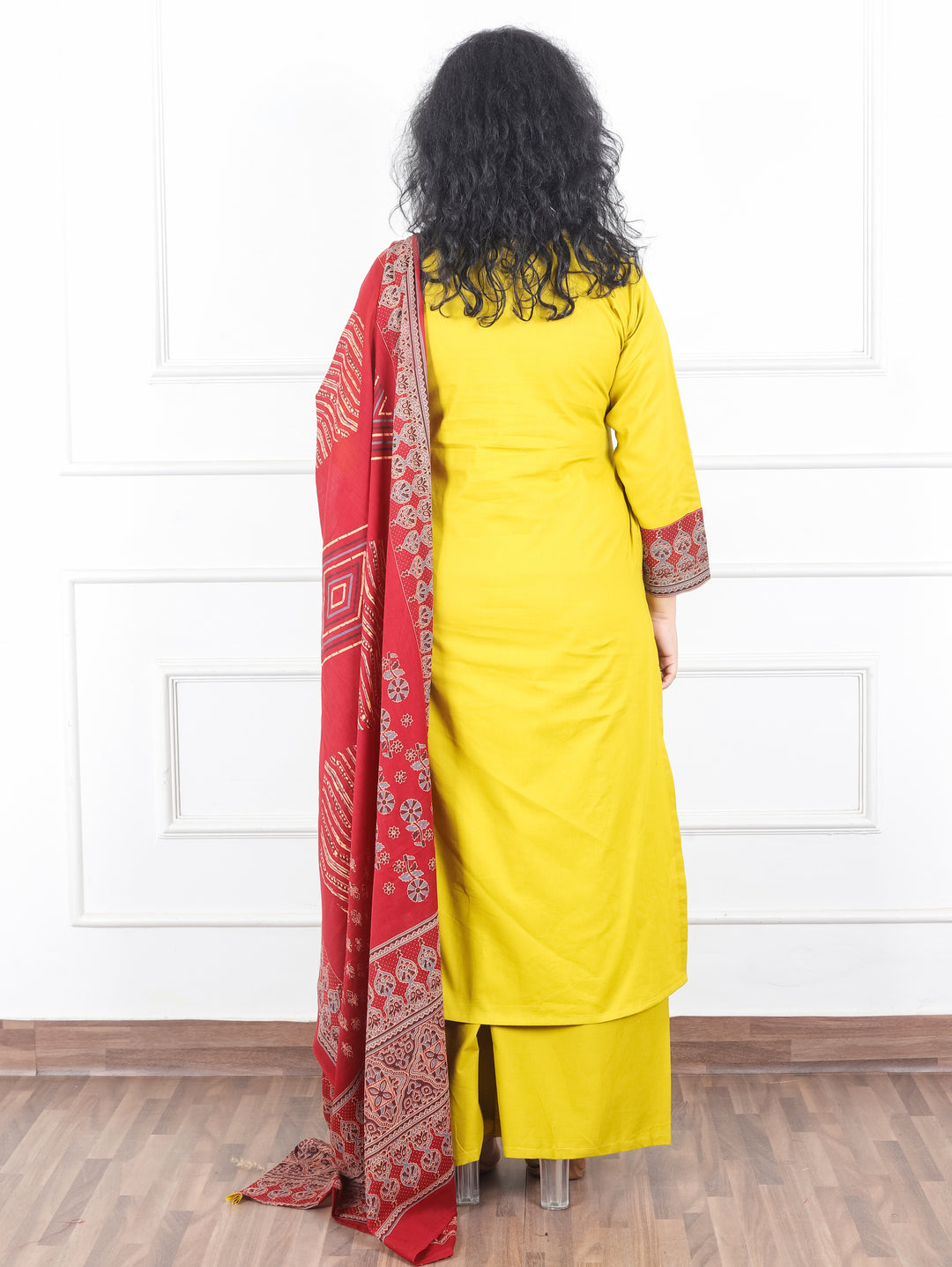 Swaroop Bright Yellow Ajrak Patch with Shell Work Panel Cotton 3 Piece Set with Pocket