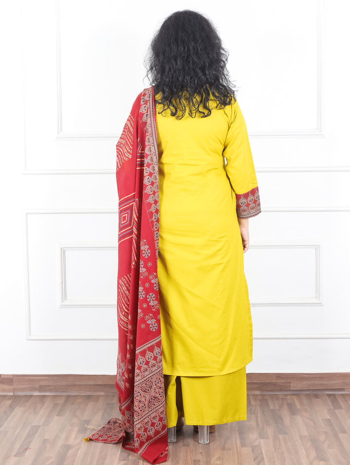 Swaroop Bright Yellow Ajrak Patch with Shell Work Panel Cotton 3 Piece Set with Pocket