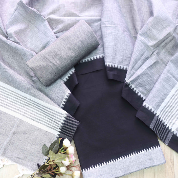 Sanskruti Black with Grey Temple Hem South Cotton Suit Set