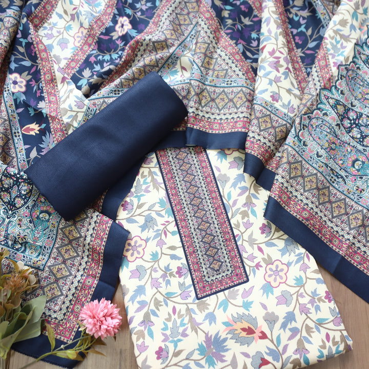 Swaroop White with Blue Kashmiri Printed Semi Pashmin Winter Set