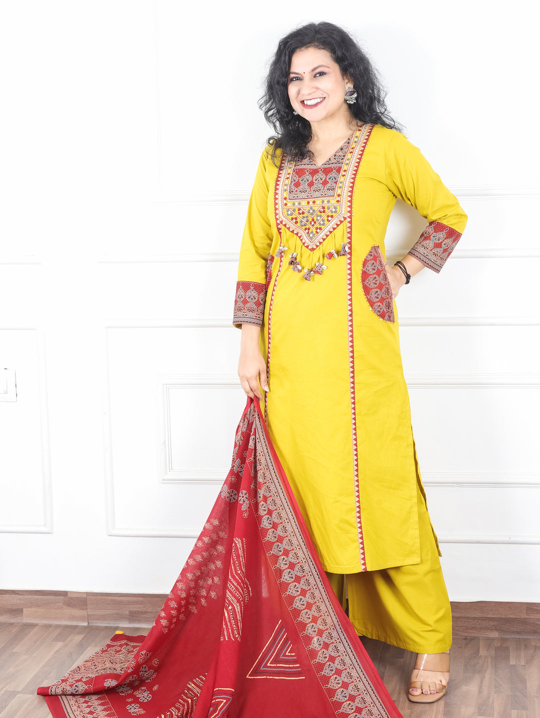 Swaroop Bright Yellow Ajrak Patch with Shell Work Panel Cotton 3 Piece Set with Pocket