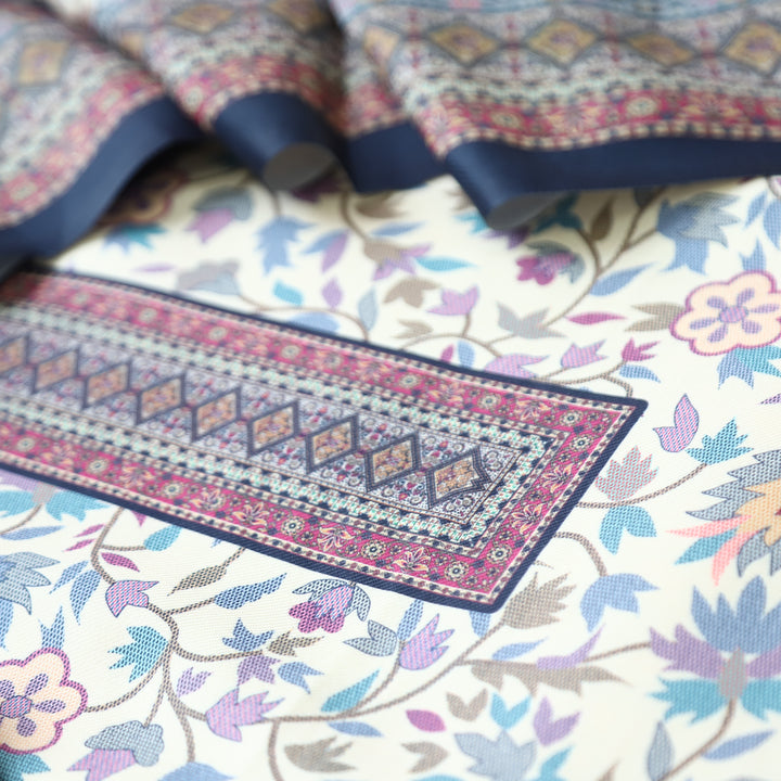 Swaroop White with Blue Kashmiri Printed Semi Pashmin Winter Set