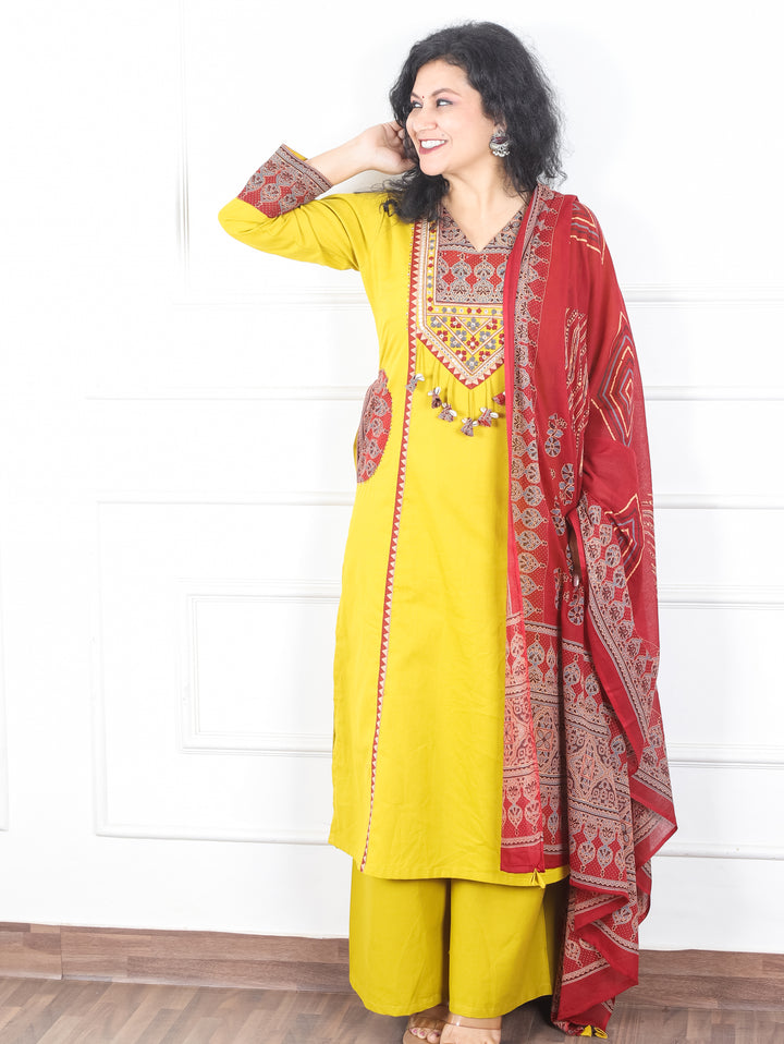 Swaroop Bright Yellow Ajrak Patch with Shell Work Panel Cotton 3 Piece Set with Pocket