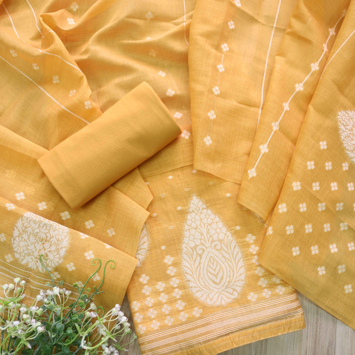 Jannat Turmeric Yellow Authentic Jamdani Top and Jamdani Dupatta-D2