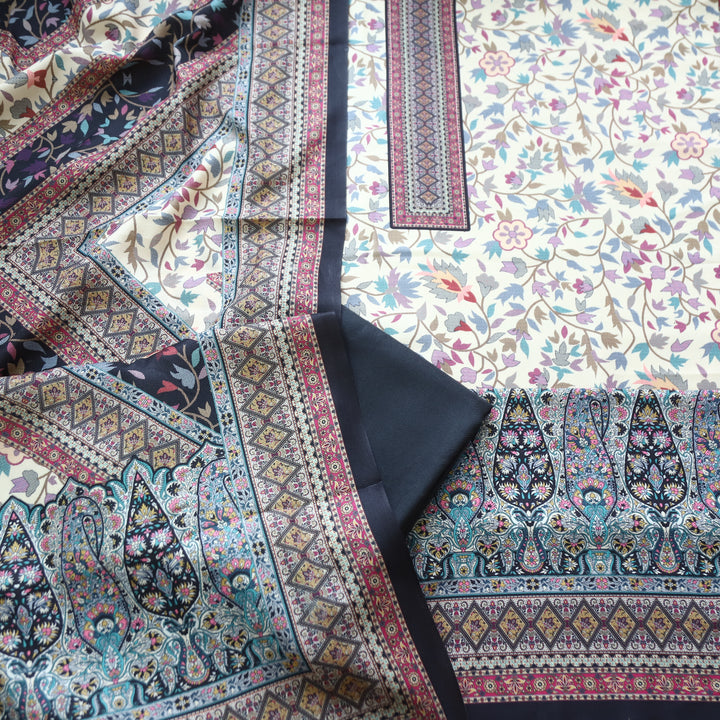 Swaroop White with Black Kashmiri Printed Semi Pashmin Winter Set