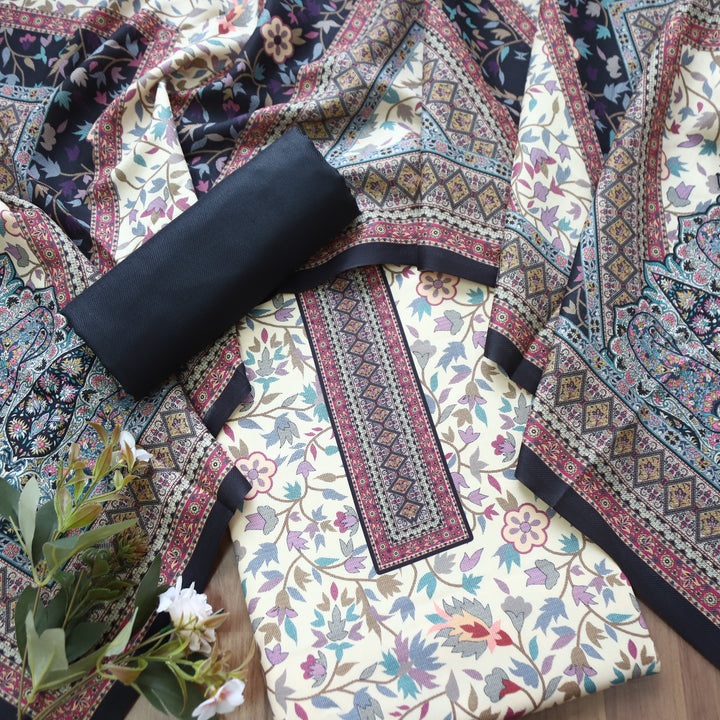 Swaroop White with Black Kashmiri Printed Semi Pashmin Winter Set