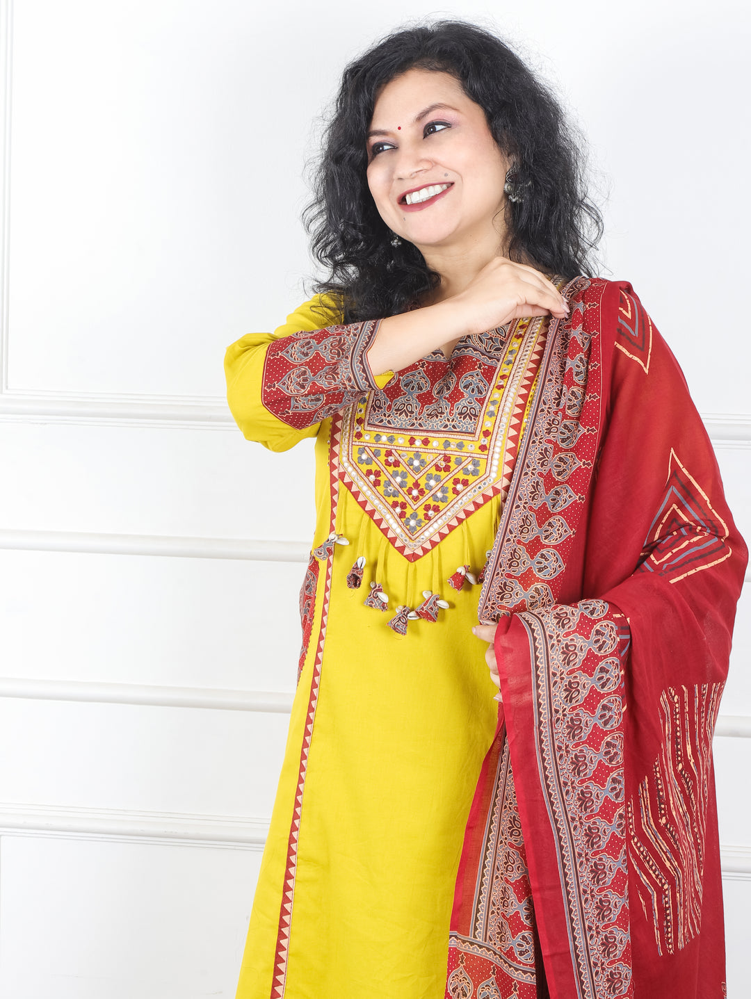 Swaroop Bright Yellow Ajrak Patch with Shell Work Panel Cotton 3 Piece Set with Pocket