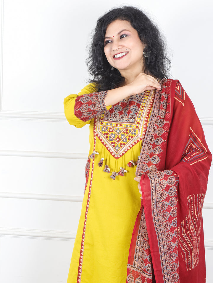 Swaroop Bright Yellow Ajrak Patch with Shell Work Panel Cotton 3 Piece Set with Pocket