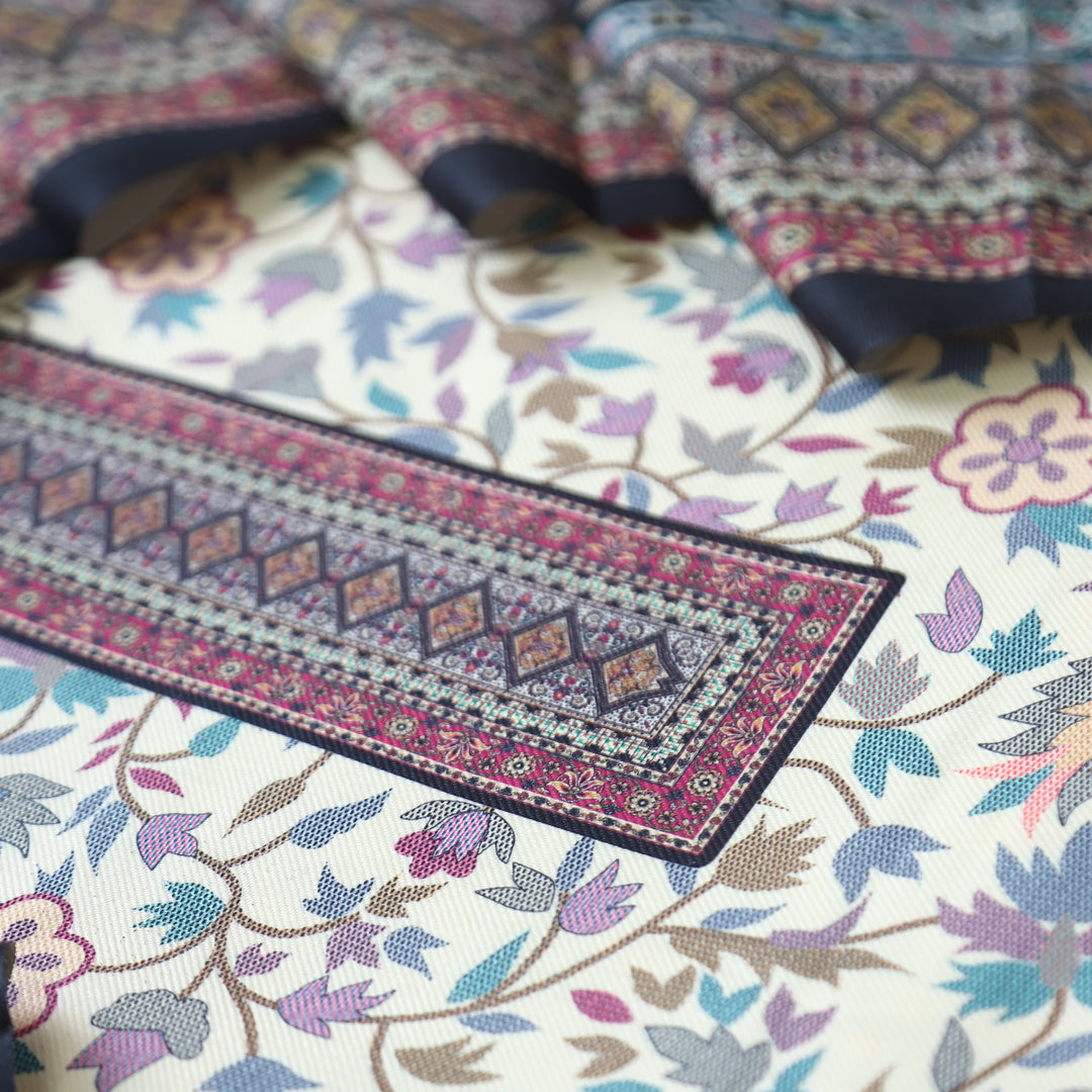 Swaroop White with Black Kashmiri Printed Semi Pashmin Winter Set