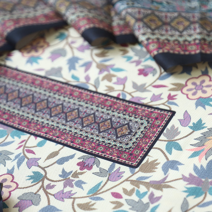 Swaroop White with Black Kashmiri Printed Semi Pashmin Winter Set