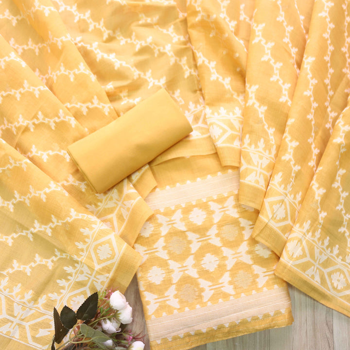 Jannat Turmeric Yellow Authentic Jamdani Top and Jamdani Dupatta-D3