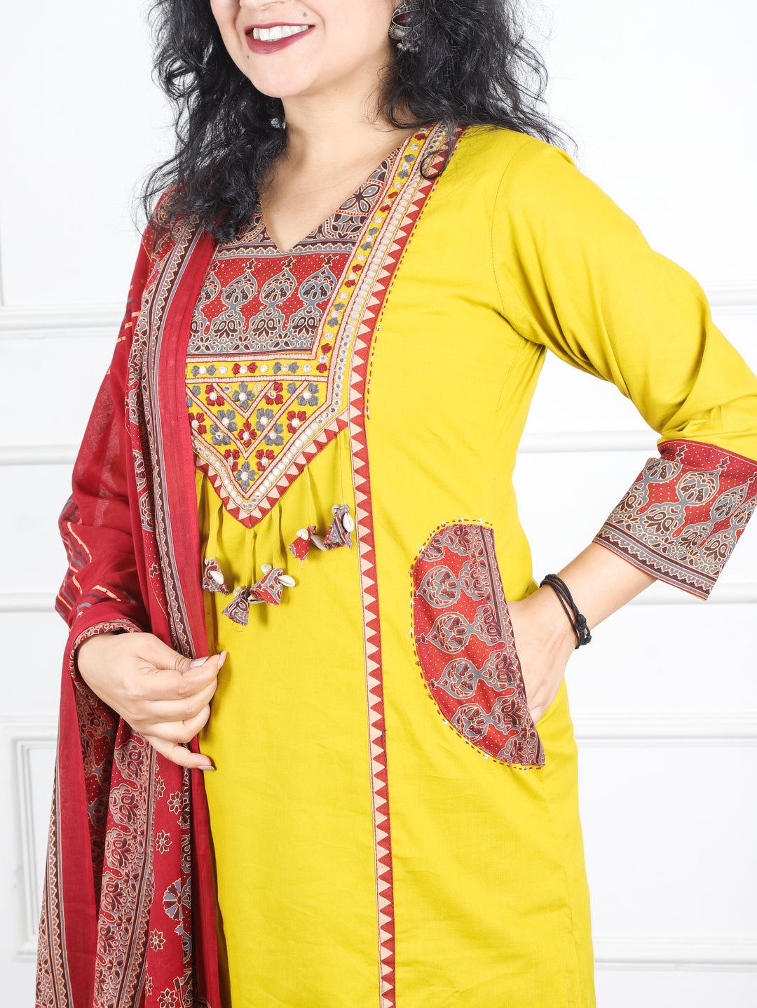 Swaroop Bright Yellow Ajrak Patch with Shell Work Panel Cotton 3 Piece Set with Pocket