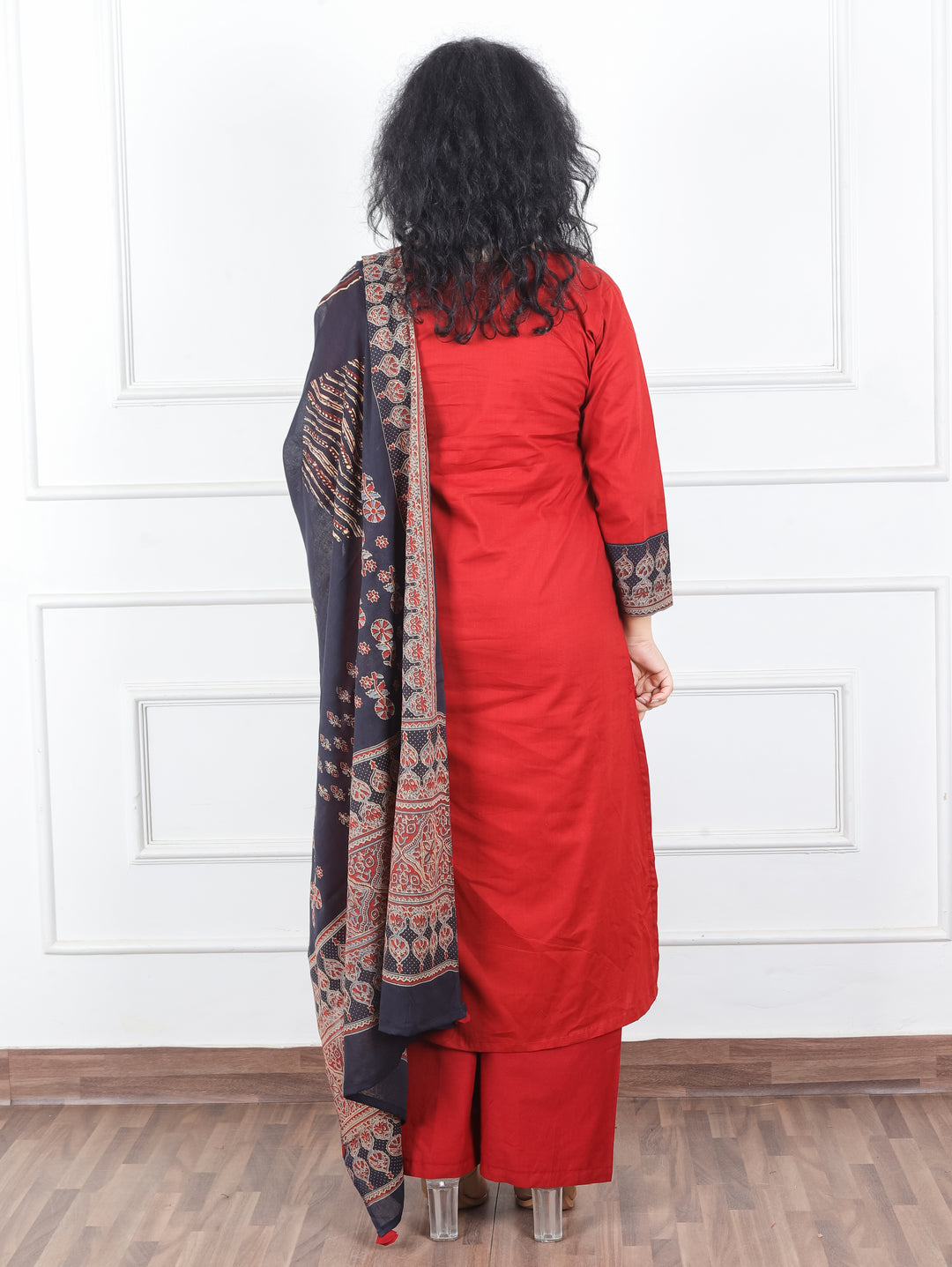 Swaroop Berry Red Ajrak Patch with Shell Work Panel Cotton 3 Piece Set with Pocket