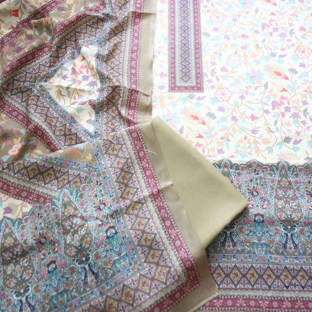 Swaroop White with Khaki Beige Kashmiri Printed Semi Pashmin Winter Set
