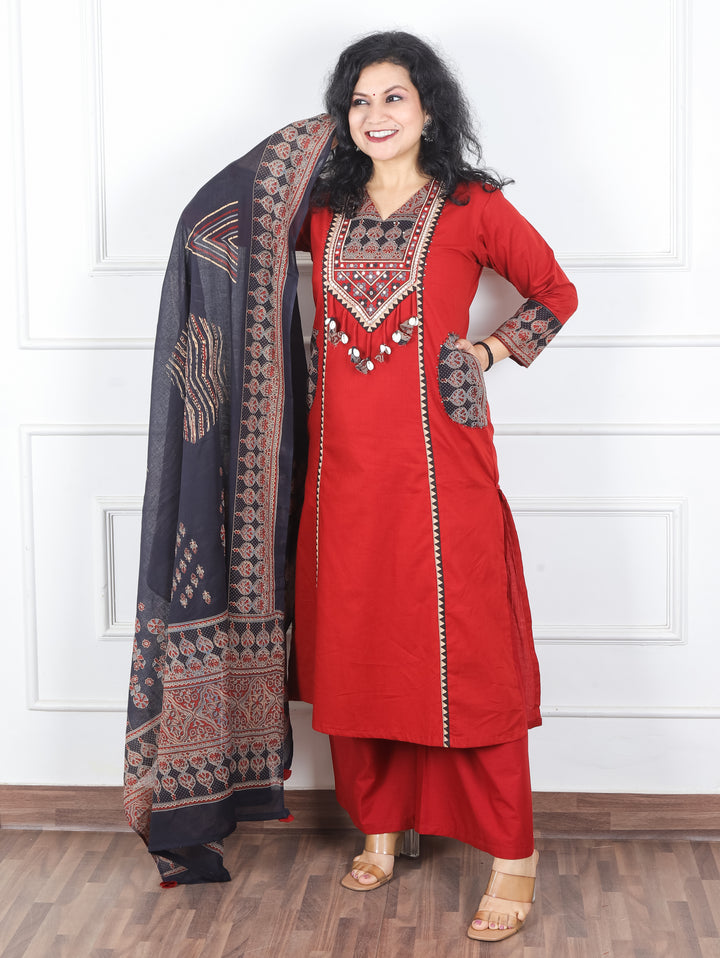 Swaroop Berry Red Ajrak Patch with Shell Work Panel Cotton 3 Piece Set with Pocket