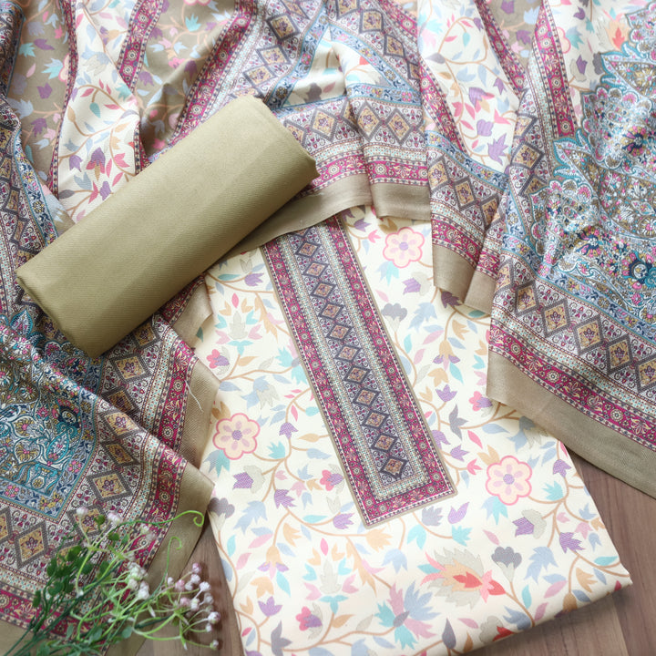 Swaroop White with Khaki Beige Kashmiri Printed Semi Pashmin Winter Set