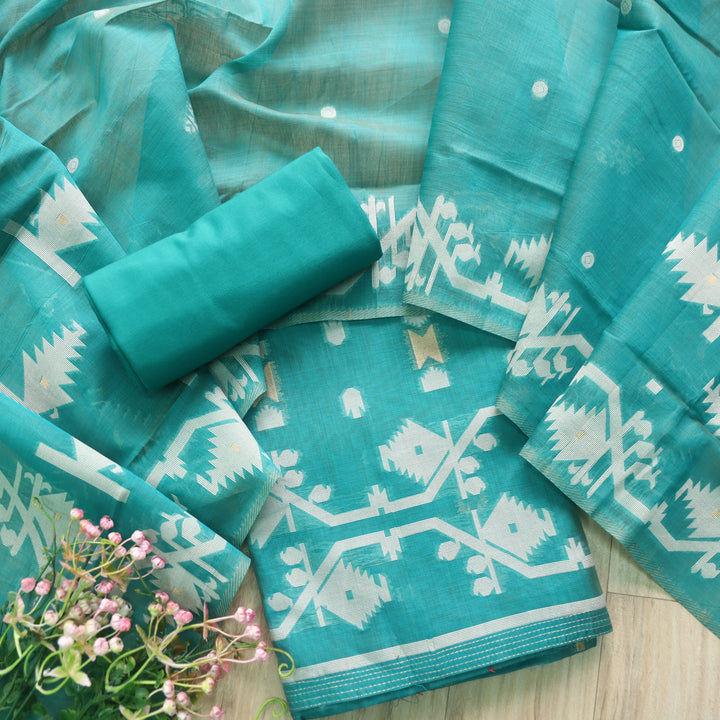 Tejasvi Aqua Cyan Blue Authentic Jamdani Weaved Detailing Suit Set