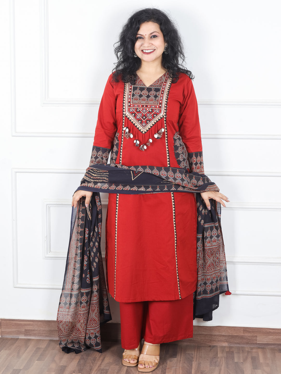 Swaroop Berry Red Ajrak Patch with Shell Work Panel Cotton 3 Piece Set with Pocket