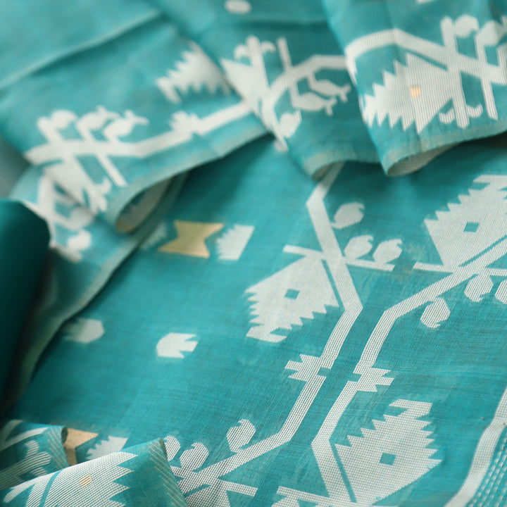 Tejasvi Aqua Cyan Blue Authentic Jamdani Weaved Detailing Suit Set