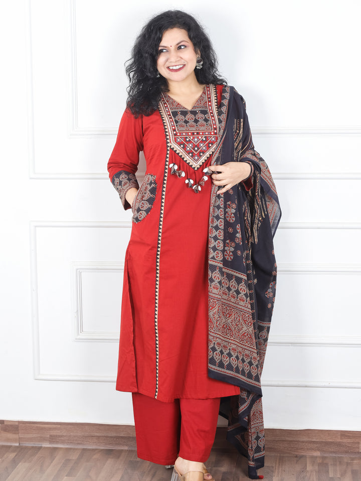 Swaroop Berry Red Ajrak Patch with Shell Work Panel Cotton 3 Piece Set with Pocket