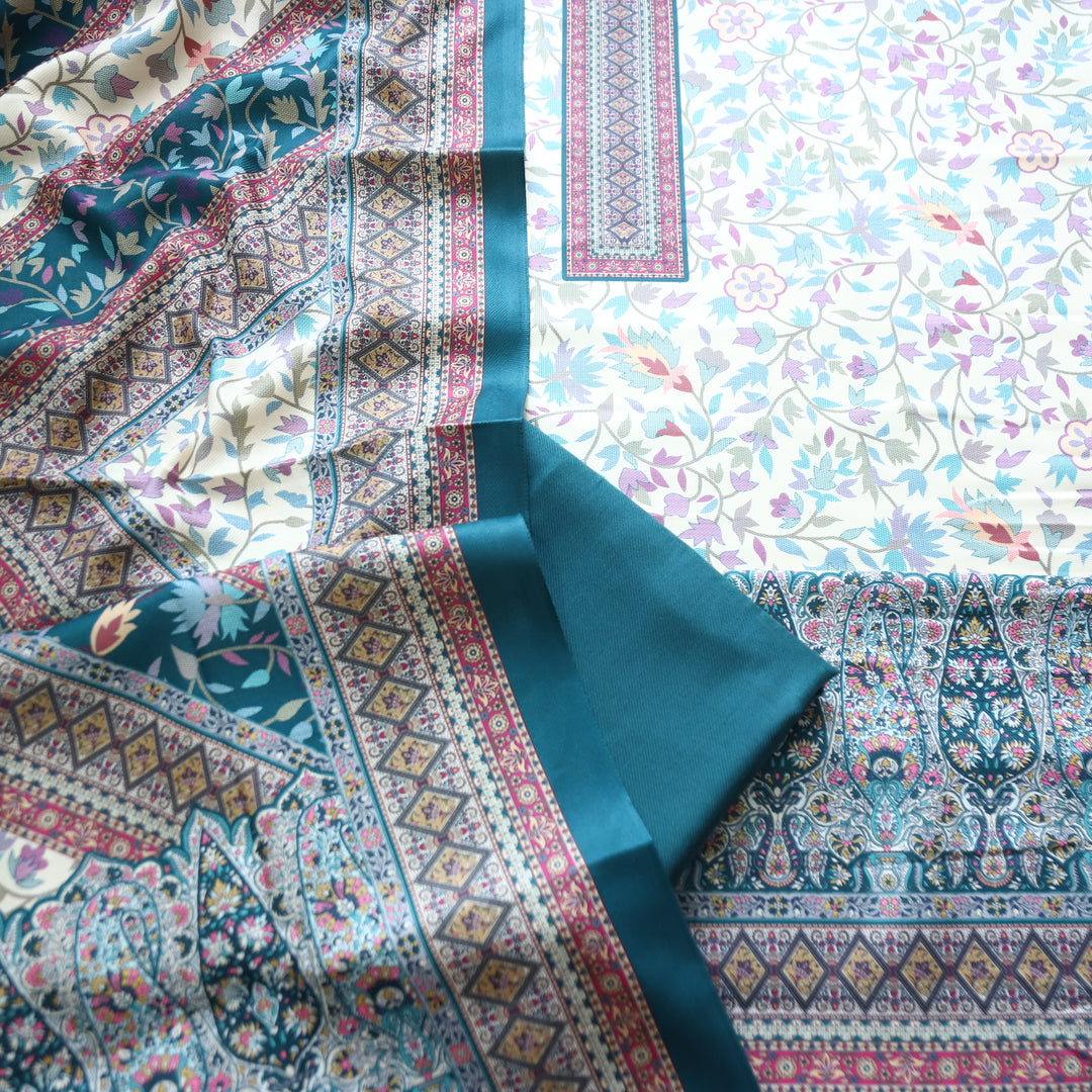 Swaroop White with Teal Kashmiri Printed Semi Pashmin Winter Set